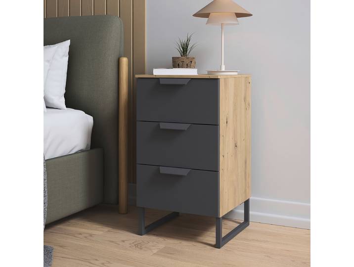 Nachtkommode Aditio 72cm Holz/Grau/Graumetallic/Eiche Artisan Dekor Kufen