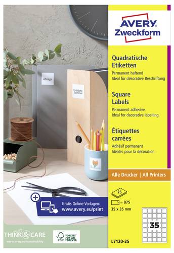 Avery-Zweckform L7120-25 QR-Code-Etiketten 35 x 35mm Papier Weiß 875 St. Permanent haftend Tintenstrahldrucker, Laserdrucker