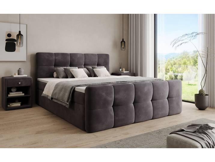 Boxspringbett Cozy Samt mit Stauraum - 140x200 - Grau - inklusive PU Schaum - Topper - Luxusbetten24