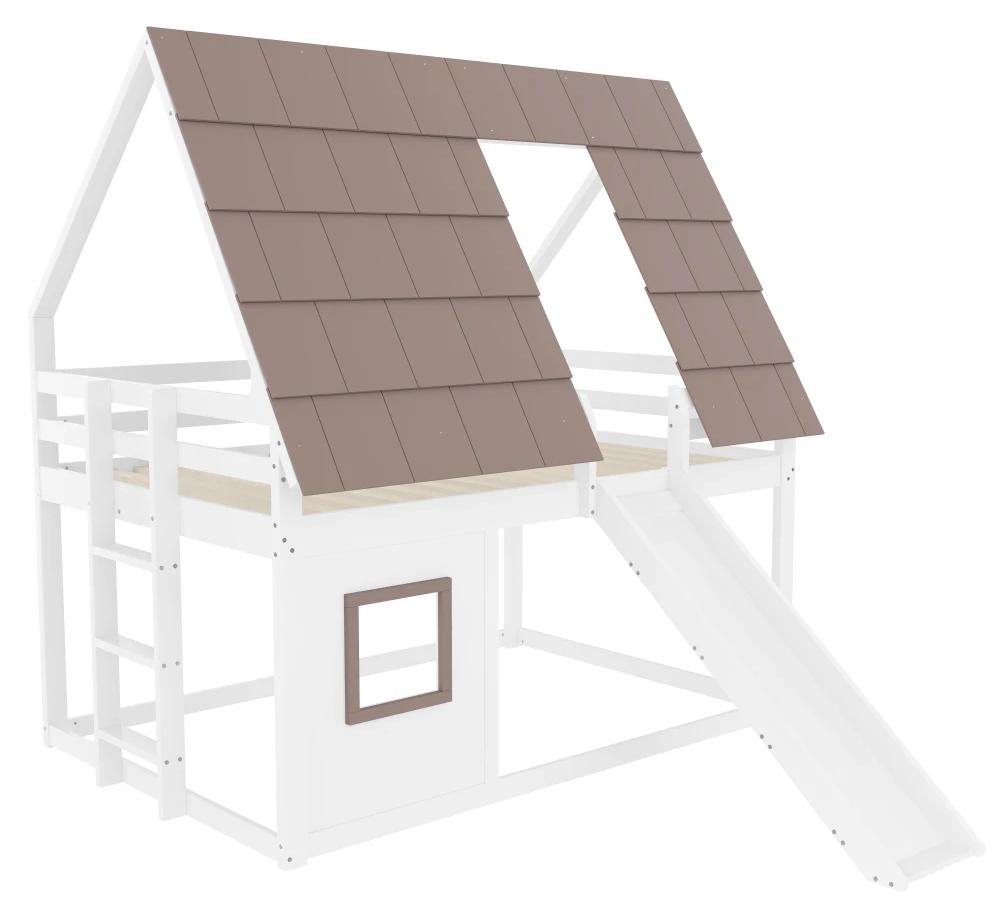Etagenbett - Hausbett Stil B - 140 x 200 cm - Mit Dach - Mit Fenster - Integrierte Leiter - Holz - Braun-Weiß
