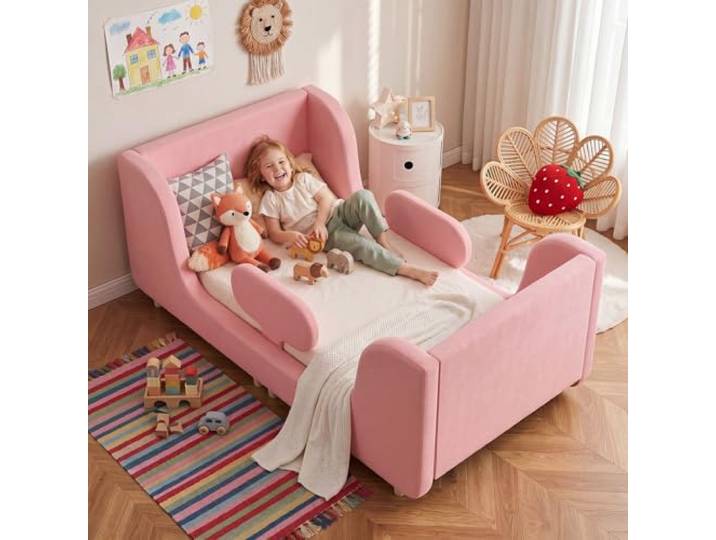 Meulbaty Rosa Süß 70x140cm Kinderbett, Matratze Nicht Enthalten Niedliche Design, Kiefernholzrahmen + Weich Gepolsterte Kanten, Einfach aufzubauen, ideal für Kinder Mädchen und Jungen
