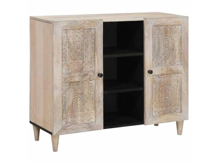 HGFDVCMR Sideboard Mango Massivholz Anrichte Bleached White 90x33x75cm Schickes Holzmöbel mit geschnitztem Rahmen und 4 Fächern für Esszimmer, Flur oder Küche. Kompakte Maße, viel Stauraum.