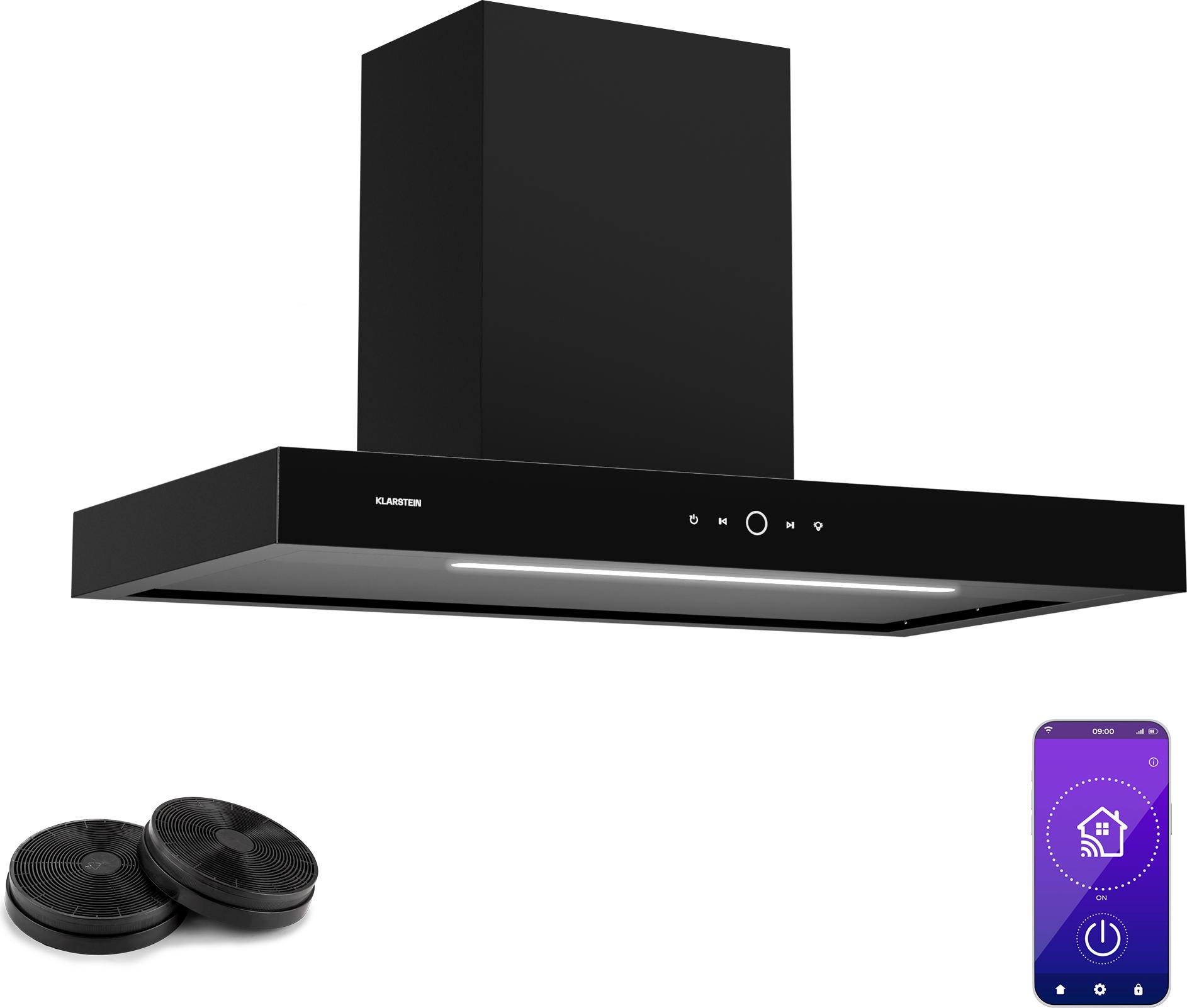 Klarstein SmartEdge Dunstabzugshaube - 90 cm Wandhaube, WLAN- & Touch-Steuerung, 550 m³/h Luftdurchsatz, A+ , LED-Beleuchtung, Flüsterleise 34 dB, Schwarz