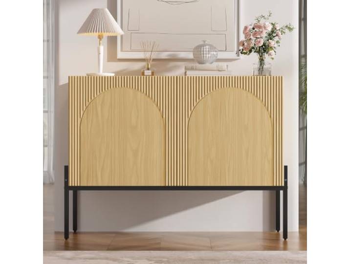 XINGNING Sideboard mit Metall-Inlay – Vielseitiger Buffet Schrank für Wohnzimmer und Esszimmer, Moderne Anrichte und Kommode (Natural + Particle Board-3)