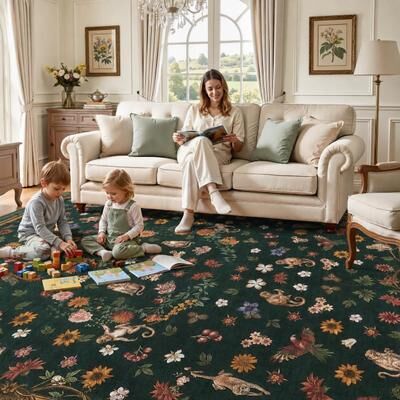 Bluebell Washable Vintage Botanical Animal Low-Pile Area Rug with Non-Slip Backing
