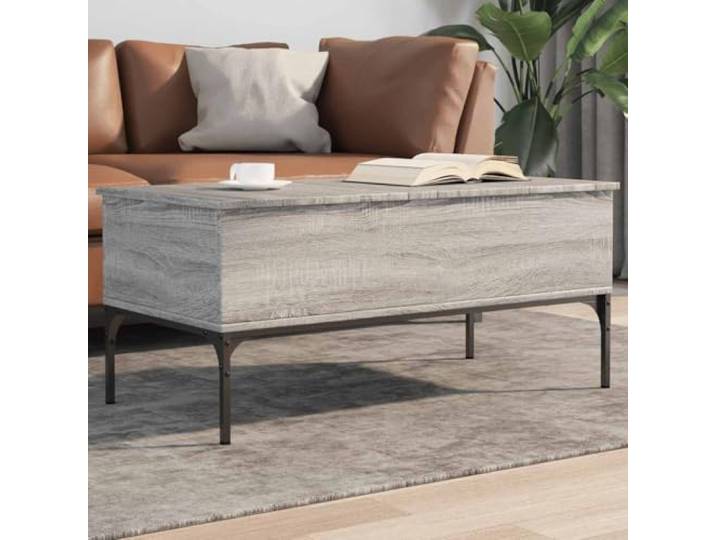 HEFZGDB Grauer Couchtisch Sonoma 100x50x45 cm aus Holzwerkstoff und Metall mit höhenverstellbarer Platte und Stauraum, Beistelltisch mit verstellbaren Füßen für Stabilität,