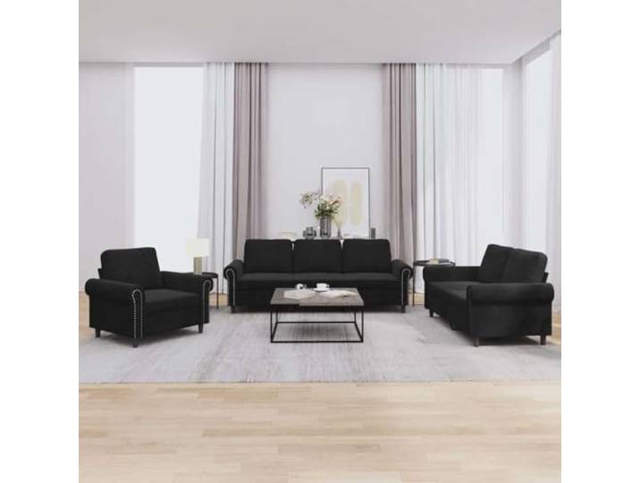 HEFZGDB 3-TLG. Sofagarnitur mit Kissen Schwarz Samt, Weiches Samt Sofa Set mit Robustem Gestell aus Sperrholz und Metall, Bequeme Polsterung für Entspannung und Langlebigkeit, Ideal