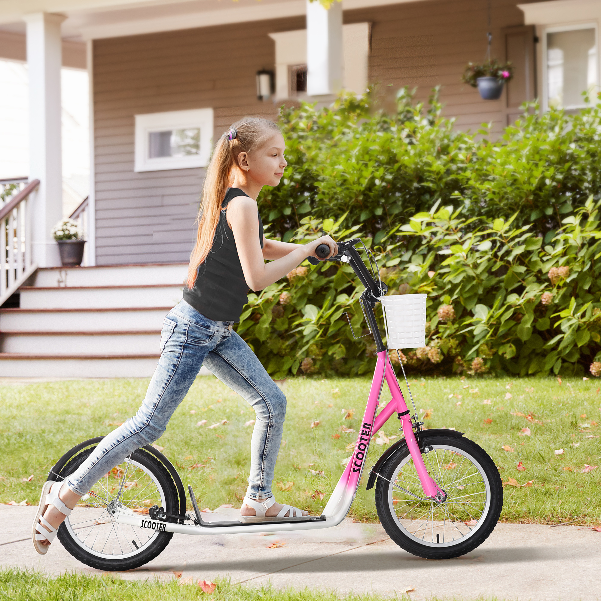 Homcom Monopattino per Bambini con Freno e Cestino, Regolabile in Altezza, per Bambini da 5 a 12 Anni, Bianco e Rosa   Aosom Italy
