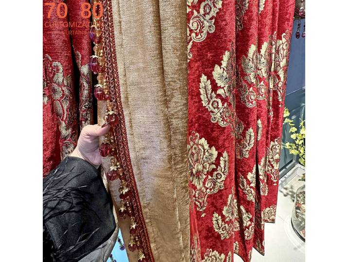 Rideaux épais en chenille jacquard rouge doré avec patchs pour salon, chambre, fenêtre française, villa, personnalisation, cantonnière
