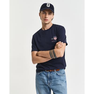 T-Shirt GANT "REG ARCHIVE SHIELD EMB SS T-SHIRT", Herren, Gr. S, blau (evening blau), Obermaterial: 100% Baumwolle, unifarben, regular fit hüftlang, Rundhals, abgesteppte Kante, Shirts T-Shirt, von dem Archiv aus den 1980er-Jahren inspiriert
