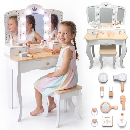 Mamabrum Houten Kaptafel XXL voor Kinderen met Krukje, Spiegel met LED-verlichting en Lade