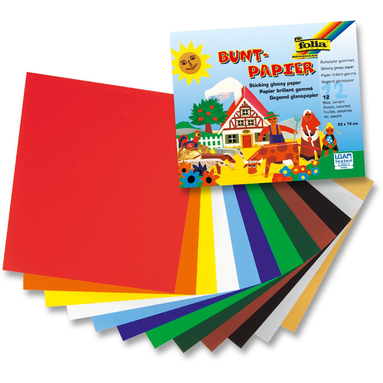folia Glanzpapier-Bastelheft, 12 Blatt, farbig sortiert