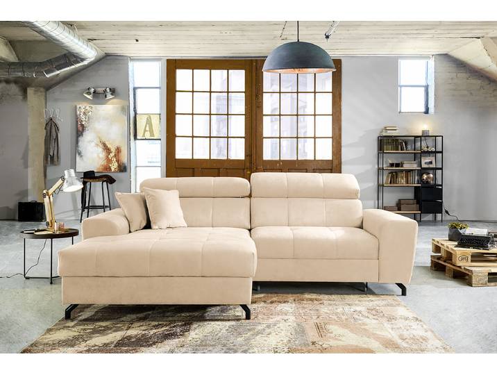 Ecksofa mit Schlaffunktion Beige Microfaser Salvo 267 x 105 x 181cm Schlaffunktion davorstehend rechts mit Schlaffunktion Modern
