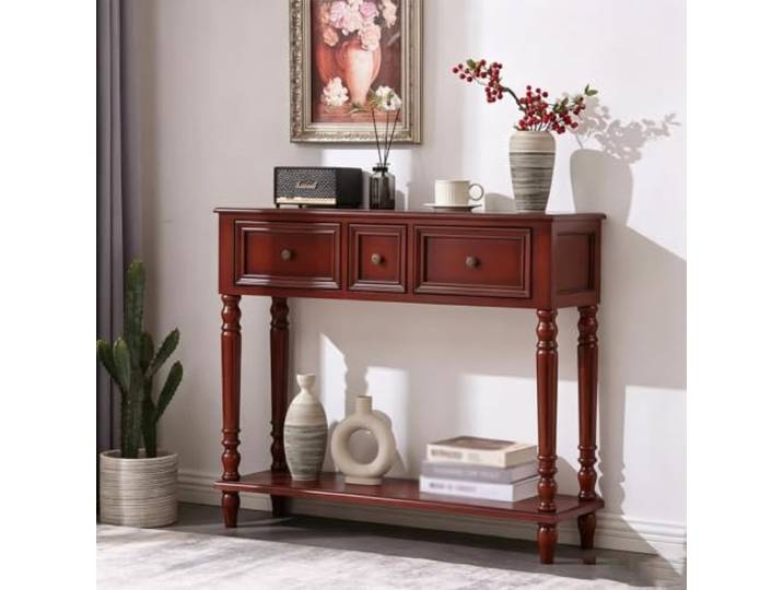 LEUBDIBR Massivholz‑Konsolentisch mit 3 Schubladen für Eingang und Flur Kiefernholz‑Konstruktion, 3 geräumige Schubladen, Größenauswahl, Wand‑Design(Dark Walnut,100cm/39.4in)