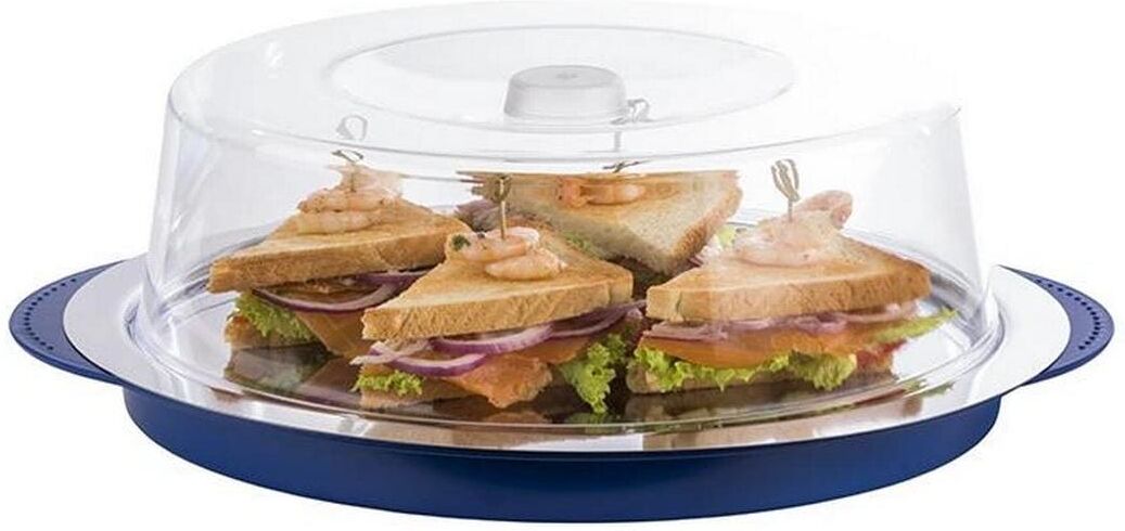 Tablett APS "Thermo Tablett Set", silber (blau, transparent, edelstahlfarben), H:15cm Ø:34cm, Edelstahl, Kunststoff, Tabletts, Tablett, Ø 34 cm, Kühlfunktion durch 2 Kühlakkus blau, transparent, edelstahlfarben Ø 34cm