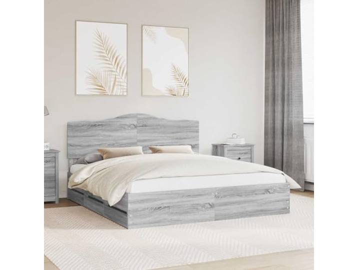 RJPLMFV Bettgestell, Grau, 200 x 200 cm, Holz Mit Stauraumschubladen, festen Lamellen, Bodenmontage, einfache Pflege