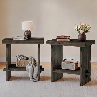 YUZHOU Solid Wood Farmhouse Nightstand, 2-Tier Open Storage Rustic Bedside End Table