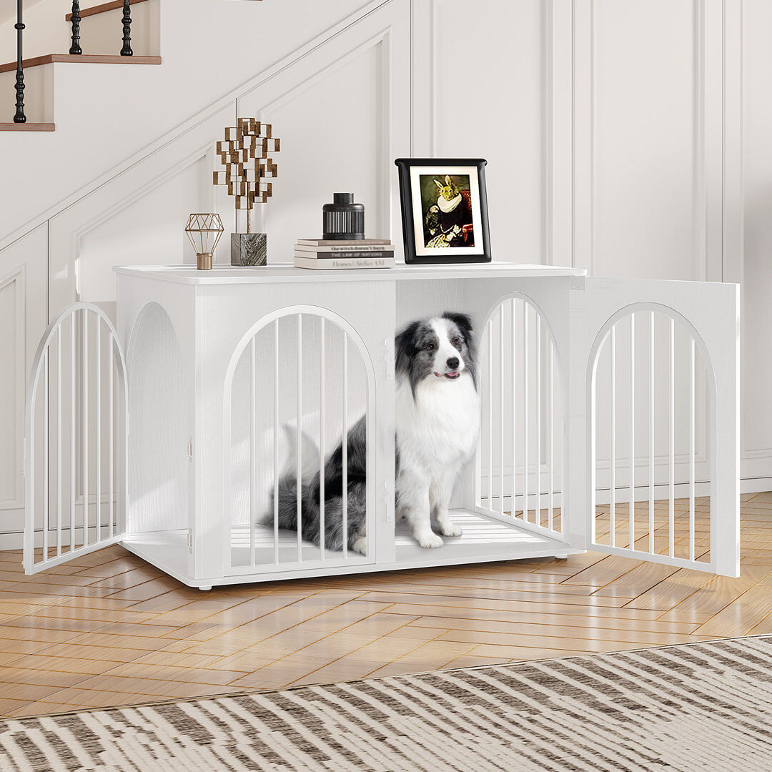 Ebern Designs Dog Crate Furniture, 100 cm Wooden Dog Crate, Indoor Kennel for Small/Medium/Large Dogs, End Side Table Animal Crates, Anti-Chew, Anti-Escape, Arched White