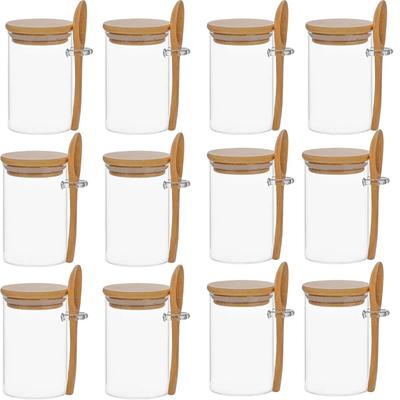 DynamicDeals 280ml Candy Jar Airtight Glass Storage Jar With Sealed Bamboo Lid And Spoon 10oz Transparent Biscuit Jar For Kitchen 12pcs