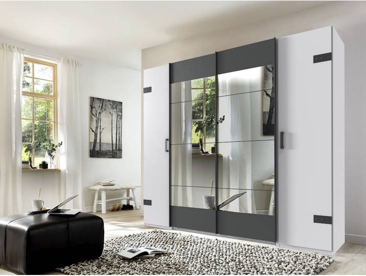 Schwebetürenschrank WIMEX Stockholm, Schlafzimmerschrank mit Industrial-Look, rustikale Optik , weiss (weiß, graphit), B:225cm H:210cm T:65cm, Holzwerkstoff, Schränke, Schwebetürenschrank, Kleiderschrank mit Spiegel BESTSELLER Schrank Garderobe