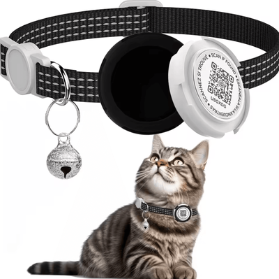 Inspire Curations Reflective AirTag Cat Collar With QR ID Tag Dual Protection GPS Cat Collar For Safer Adventures black no Airtag Locator