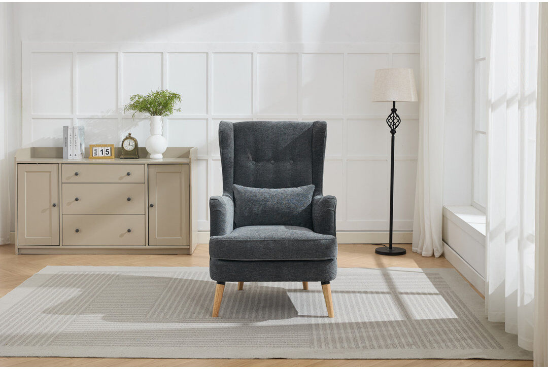 Canora Grey Upholstered Chenille and Plain Weave / Muslin Wingback Chair Dark Grey 107cm H X 96cm W X 76cm D