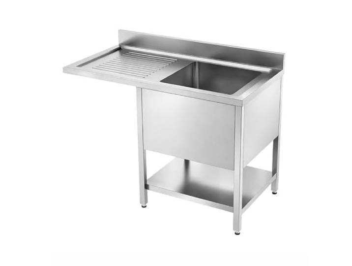 Profi-Tauchrohr aus Edelstahl mit Spülmaschinen-Durchlauf – Becken rechts – 1200 × 600 mm – Abtropfgestell mit Rillen – Edelstahl AISI S201