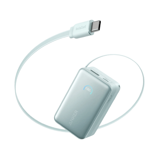 Anker Nano USB-A + USB-C Schnellladegerät Powerbank 10.000mAh Blau mit Ausziehbar Kabel