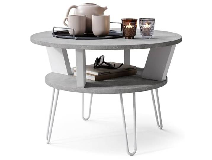 Viosimc Runder Couchtisch mit Ablage, Stahlbeine, moderner Wohnzimmertisch in Holzoptik – Beton Weiß (Beton Weiß)