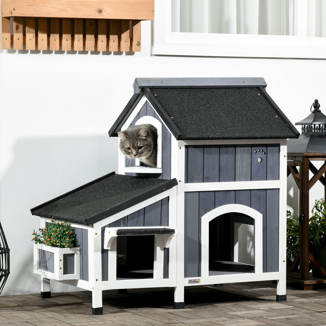 PawHut Wooden Outdoor Cat House with Flower Pot Windows Multiple Entrances Gray 85.5cm H X 65cm W X 96cm L