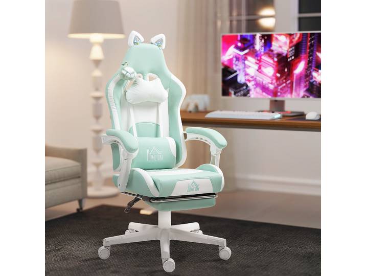 HOMCOM Chaise Gaming Inclinable Similicuir Blanc Bleu 65x62x124 cm