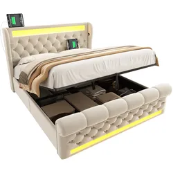 Polsterbett 160x200 cm mit hydraulischem Stauraum, LED-Lichtstreifen, USB-Ladestation, Samtbezug, beige, modernes Design