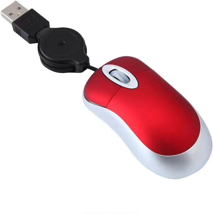 INF Mini-Maus mit Einziehkabel - Kompaktes Design für einfache Portabilität Rot