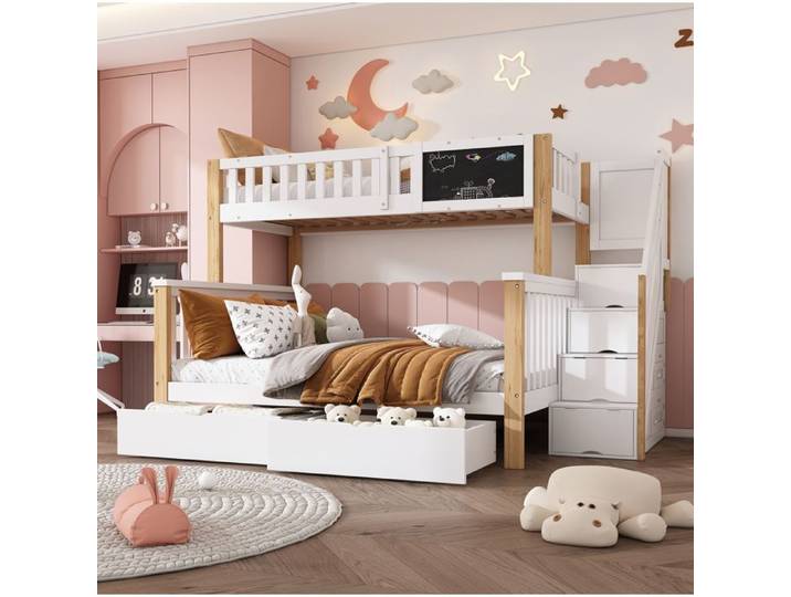 Lit Superpose Enfant Blanc Chene Lit Multifonction FloraGrace Pour Chambre Enfant Avec Tiroirs 90x200+140x200cm