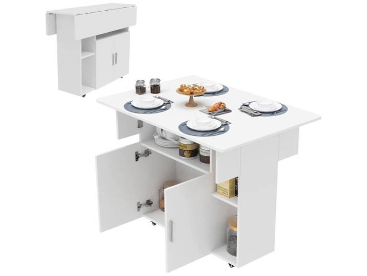 Table à manger pliante Mobile Table d'appoint pliable bois avec roues Table Mobile avec armoire de porte étagère ouverte