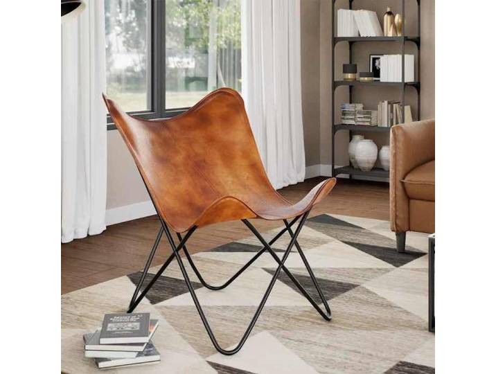 Chaise papillon en cuir véritable - - Marron - 74x66x90 cm - Cuir véritable - Armature en fer laqué