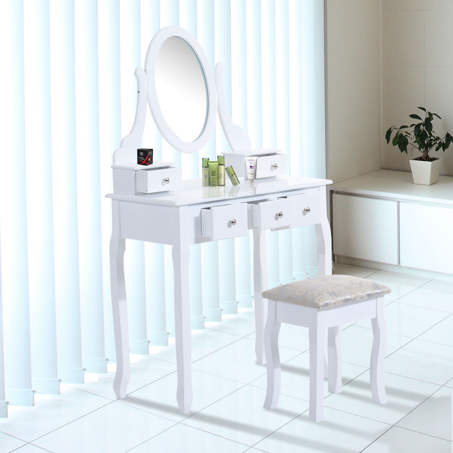 Homcom Toeletta Tavolo da Trucco con Specchiera e Sgabello Imbottito, Legno, Bianco
