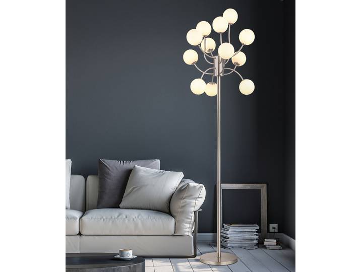Lampadaire Riha Ø 62cm Blanc/Argenté Matériau : Verre, Métal Surface en métal : Laqué Type de métal : Fer Type de verre : Verre opale LED G9