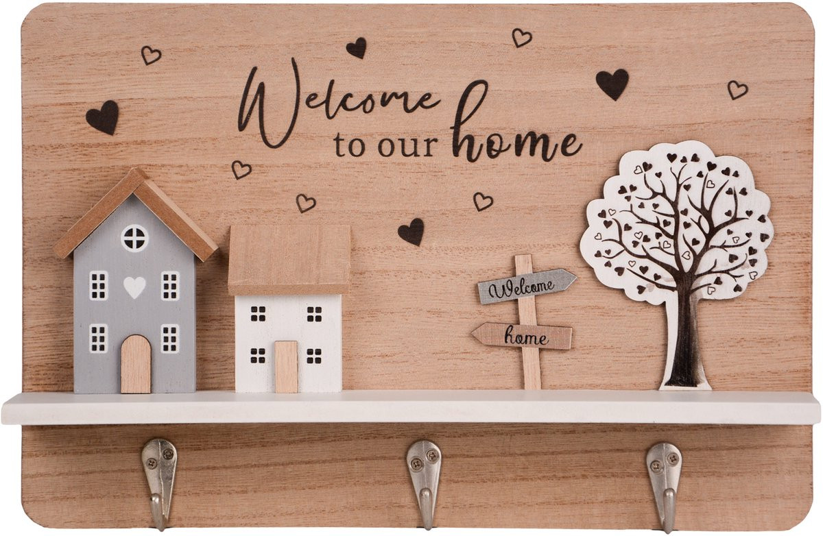 UNUS Sleutelhouder wanddecoratie hout Welcome to our Home B/D/H: 30 x 20 x 6 cm