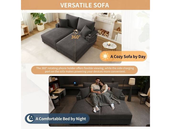 Canapé-lit double - Fonction de couchage - Surface rembourrée - Support téléphone rotatif - Port USB et USB-C