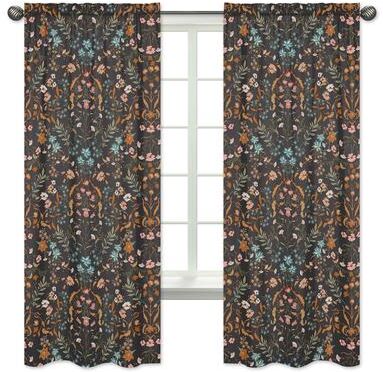 Sweet Jojo Designs Boho Wildflower Vintage Floral Girl 84in Window Treatment Curtain Panel Pair Black Orange Bohemian Farmhouse