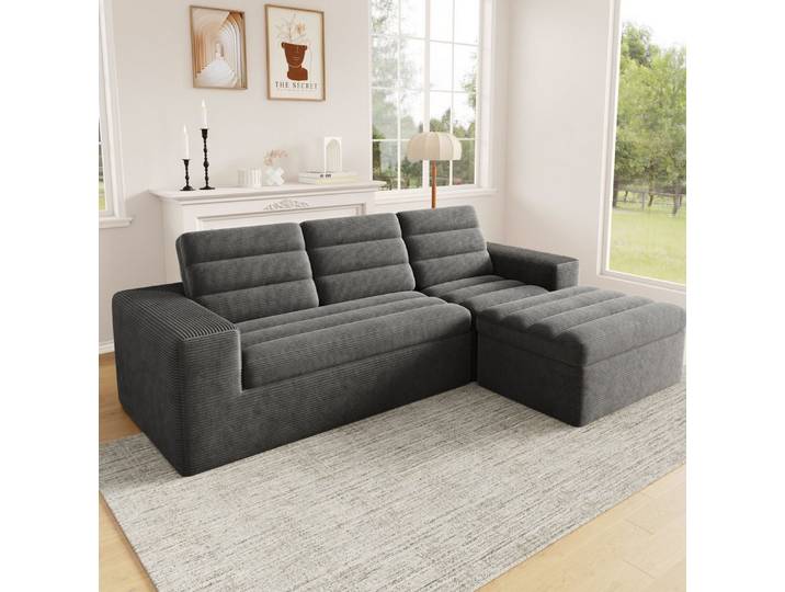 MODFU Schlafsofa Modulares Sofa aus Vollschaum, frei kombinierbar L- oder U-Form 1 Teile, Dunkelgrau, 253x161x89cm, Cord