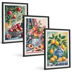 BILDER SET 3er Set - 40x60 cm Schwarzer Rahmen - Blumen und Früchte in Vasen