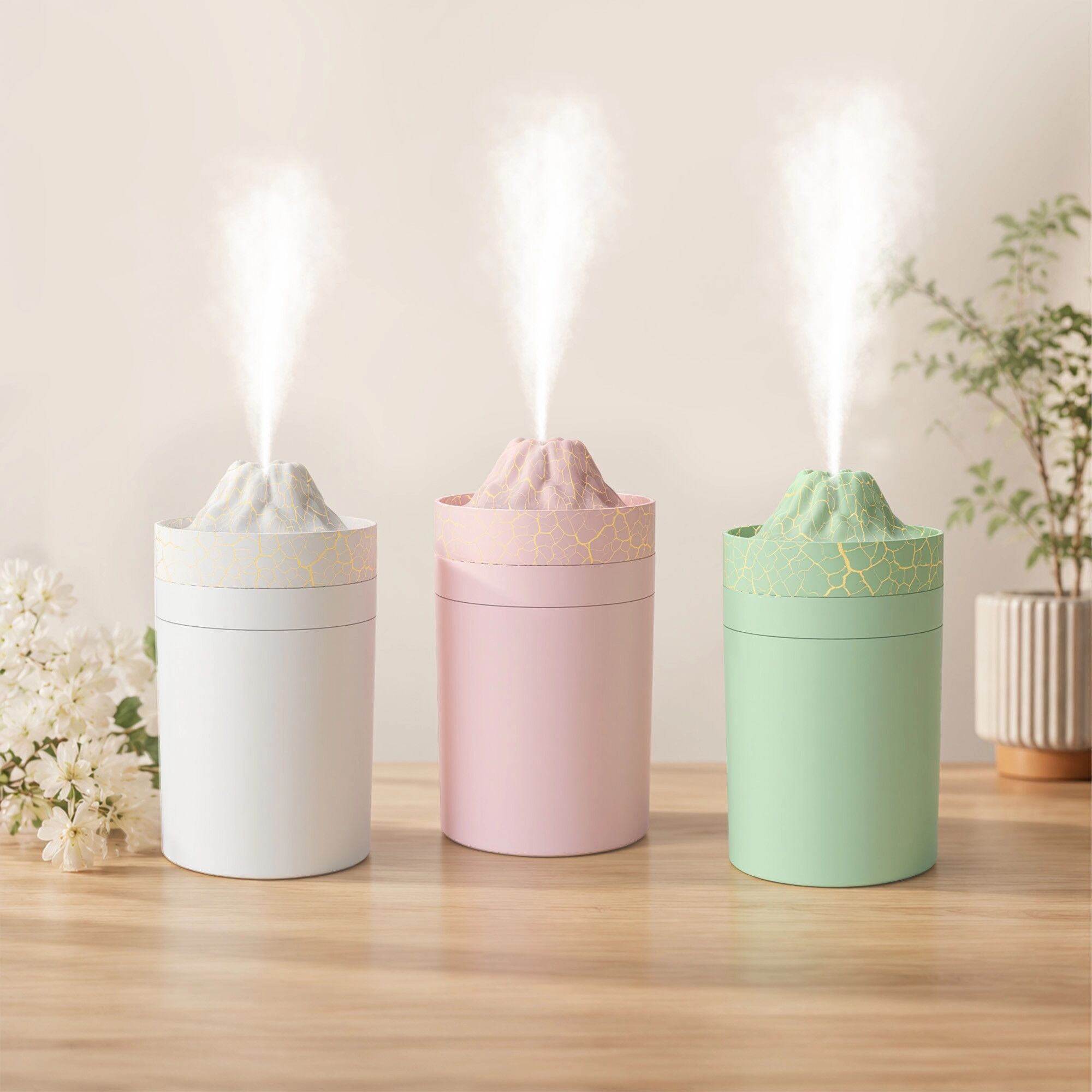 INF Mini-Vulkan-Luftbefeuchter mit Flammenlicht, leisem Betrieb, mehreren Nebelmodi und 200-ml-Wassertank Weiß