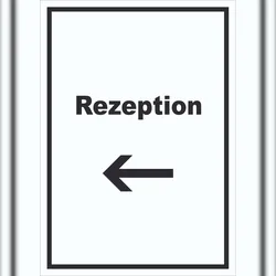 HB-Druck Rezeption Schild mit Text und Richtungspfeil links Anmeldung Eingang hochkant A2 (420x594mm)