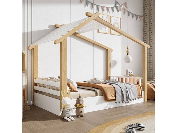 WUVRIE Lit cabane enfant 90 x 190 cm blanc et naturel avec sommier à lattes