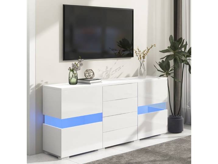 Buffet Haut Brillant avec LED 16 Couleurs 4 Tiroirs Et Meuble TV Multifonction MDF Blanc