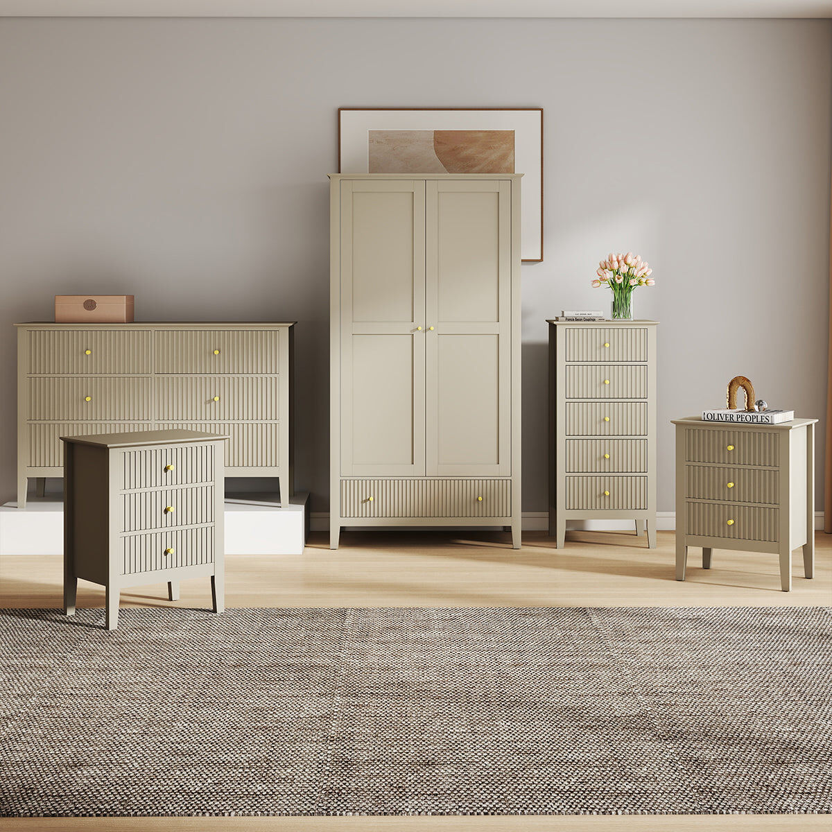 Double Wardrobe, 6 Drawer Chest of Drawers, Tall 5 Drawer Bedside Table and Pair of 3 Drawer Bedside Tables - Hales Taupe Range Coated MDF, Metal