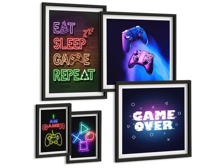 BILDER SET 5er Set - 50x50 cm & 20x30 cm & 40x60 cm Schwarzer Rahmen - Gamepads, Spielersymbol-Untertitel