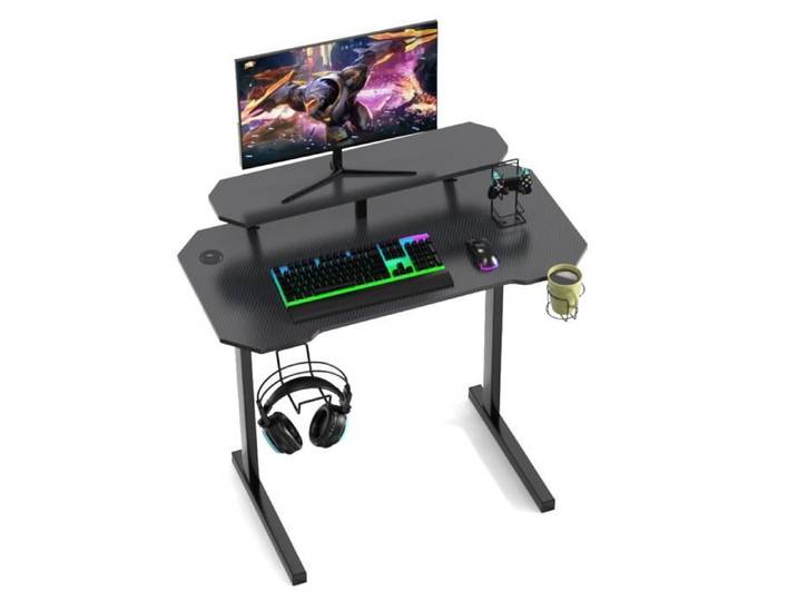 Bureau Gaming avec Support d'écran Grande Table pour Ordinateur Bureau Gaming Table d'ordinateur avec Crochets Table de Jeu Noir
